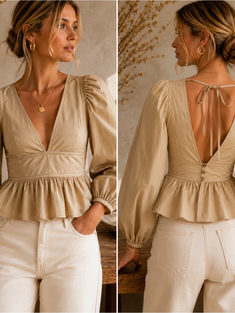 STAUD Beige Cotton Peplum Puff Sleeve Blouse
